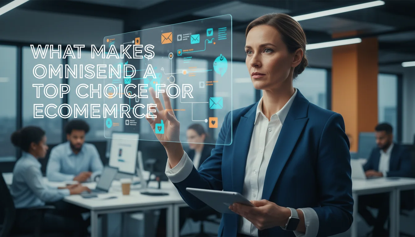 A businesswoman interacts with a holographic interface displaying 'Omnisend' text in a modern office setting.