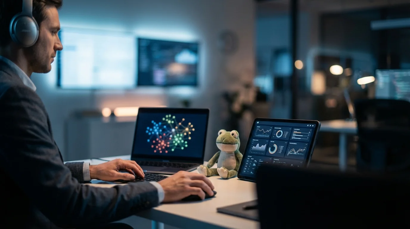 A man wearing headphones works intently at a modern desk with a laptop, tablet, and frog plushie.