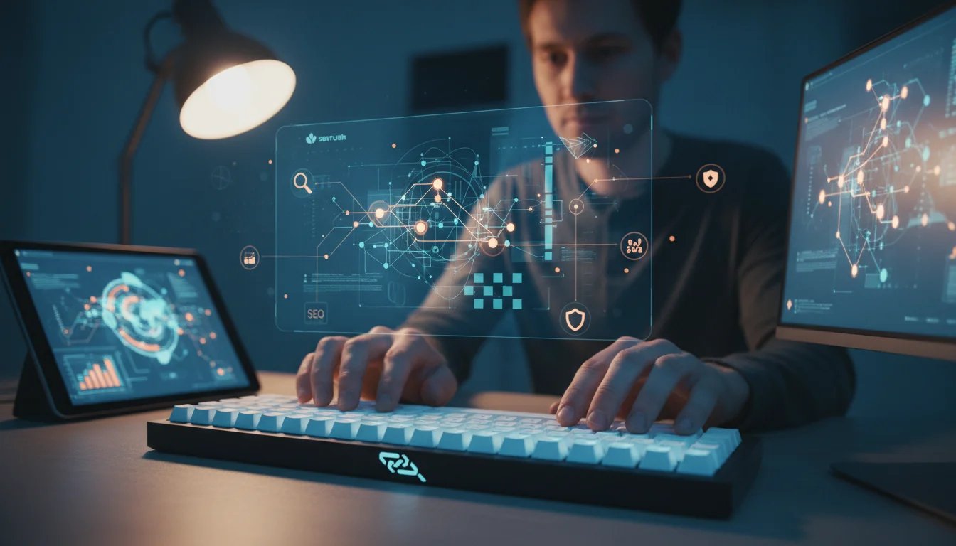 A man types on a glowing keyboard while interacting with a futuristic holographic data interface, surrounded by digital scree