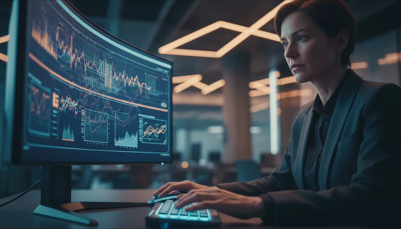 A focused woman in a business suit works on a curved computer monitor displaying complex financial charts.