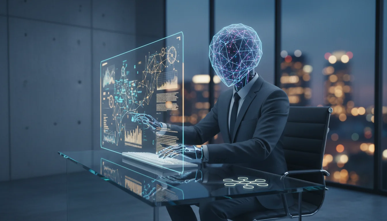 A humanoid AI in a business suit interacts with a futuristic holographic interface in a modern office.