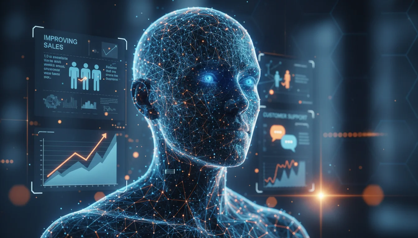 A futuristic digital human head made of glowing neural networks, surrounded by holographic data dashboards.