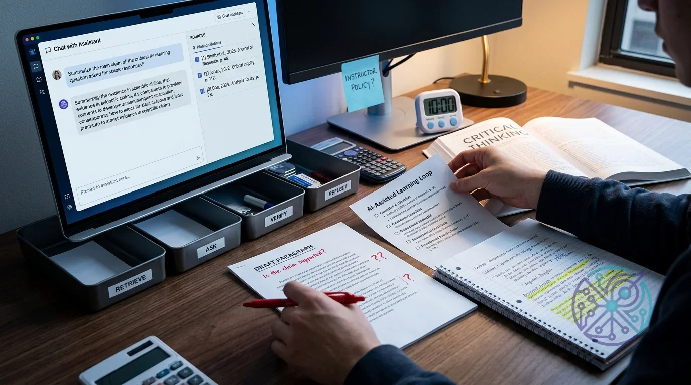 A person utilizes an AI chatbot on a laptop, alongside an "AI-Assisted Learning Loop" checklist, to refine a draft...