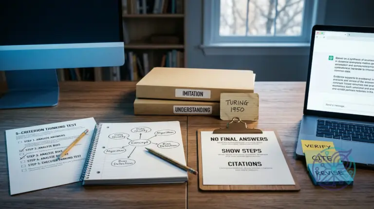 A desk setup displays tools and documents for critically evaluating AI-generated content, focusing on bias, verification...
