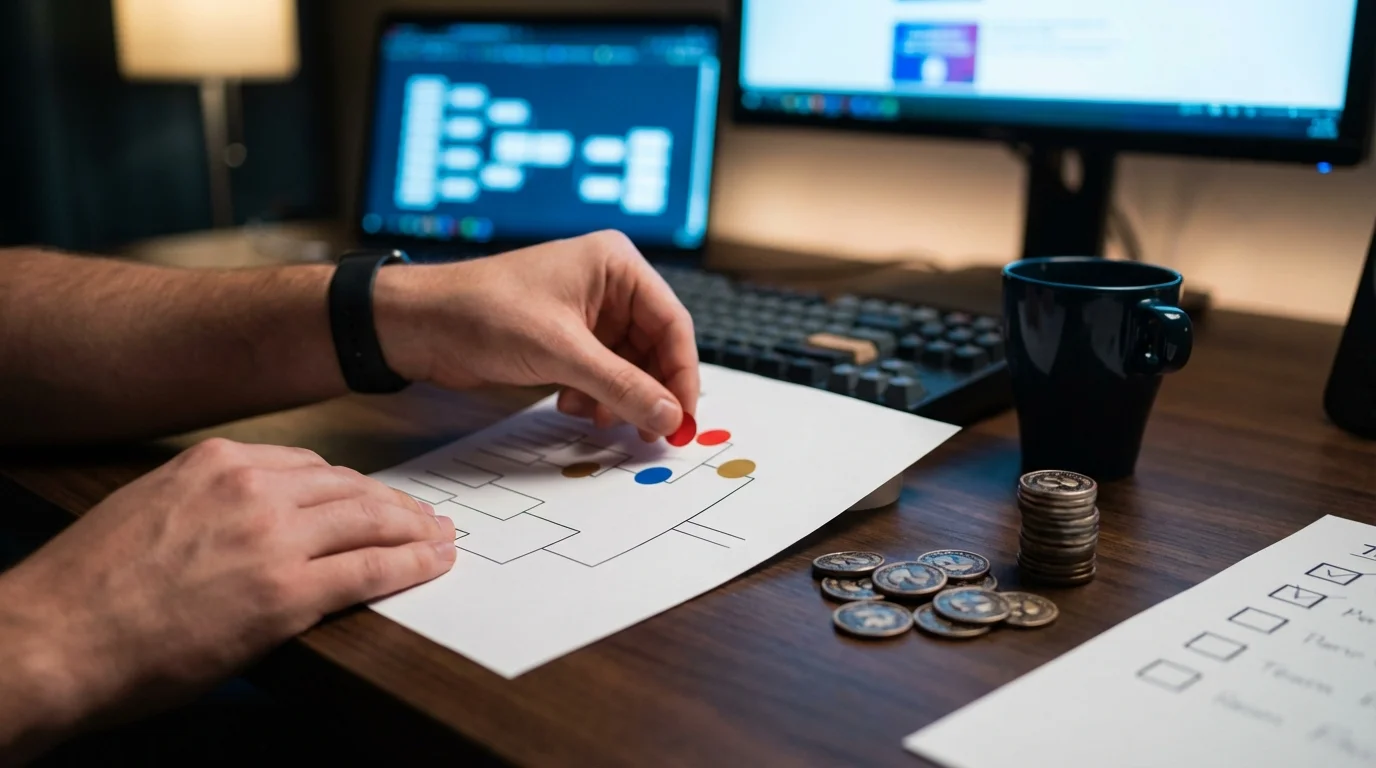 A person's hands place colored tokens on a tournament bracket diagram, surrounded by coins and computer screens