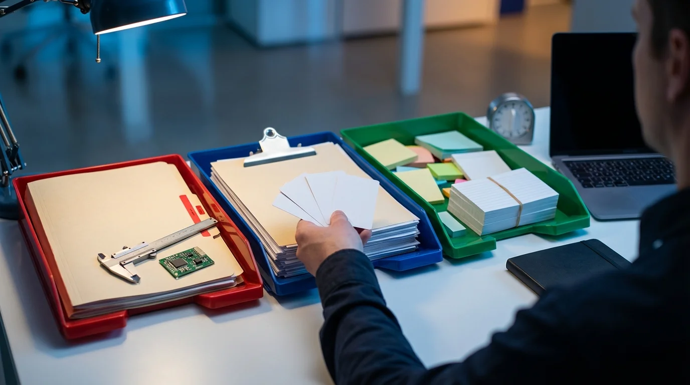 A person sorts white cards over three colored file trays containing files, a caliper, a circuit board, and sticky notes