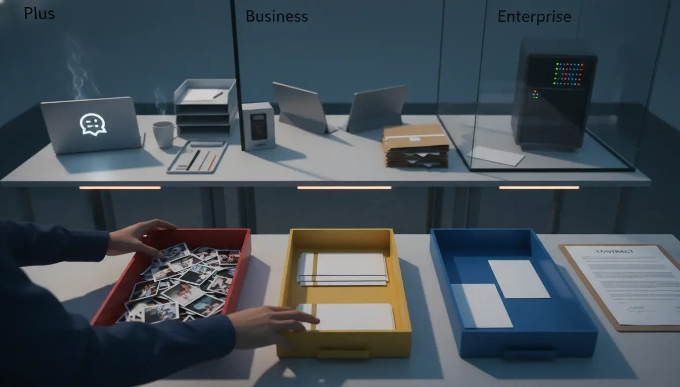 An image comparing three tiers (Plus, Business, Enterprise) of data/document management systems, ranging from personal...