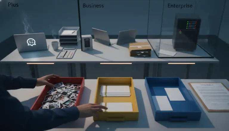 An image comparing three tiers (Plus, Business, Enterprise) of data/document management systems, ranging from personal...