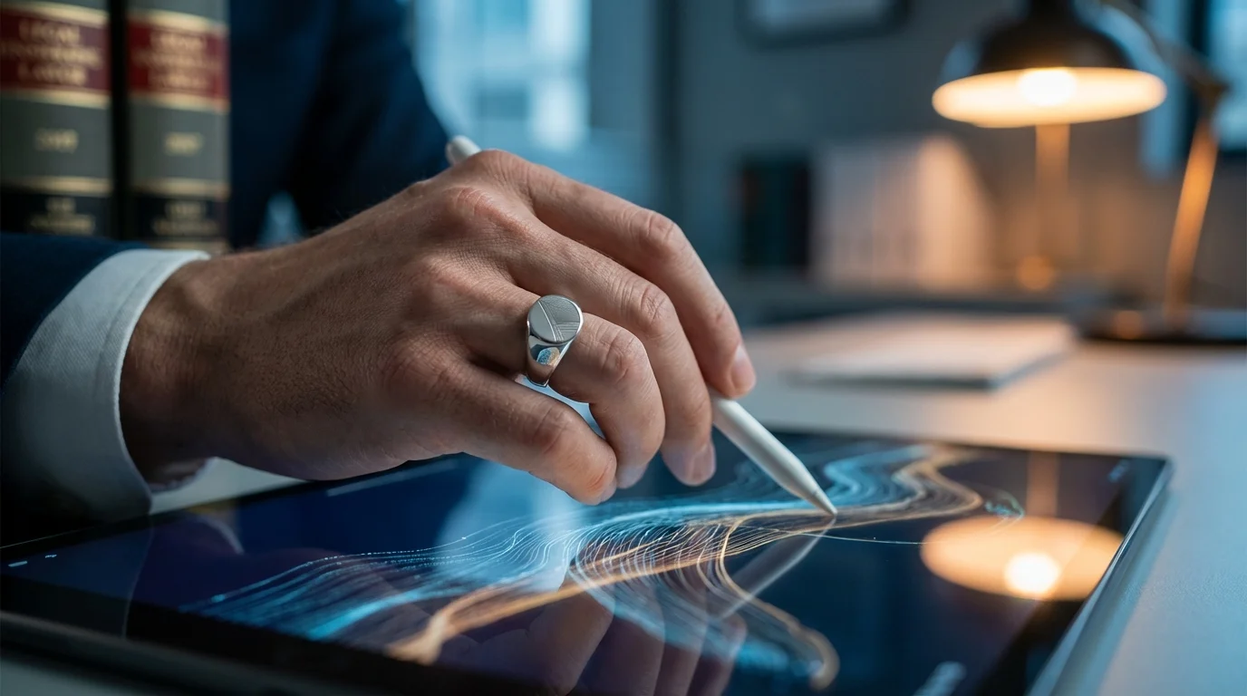 A close-up shot of a hand wearing a signet ring, using a stylus on a tablet displaying vibrant abstract lines, with books and