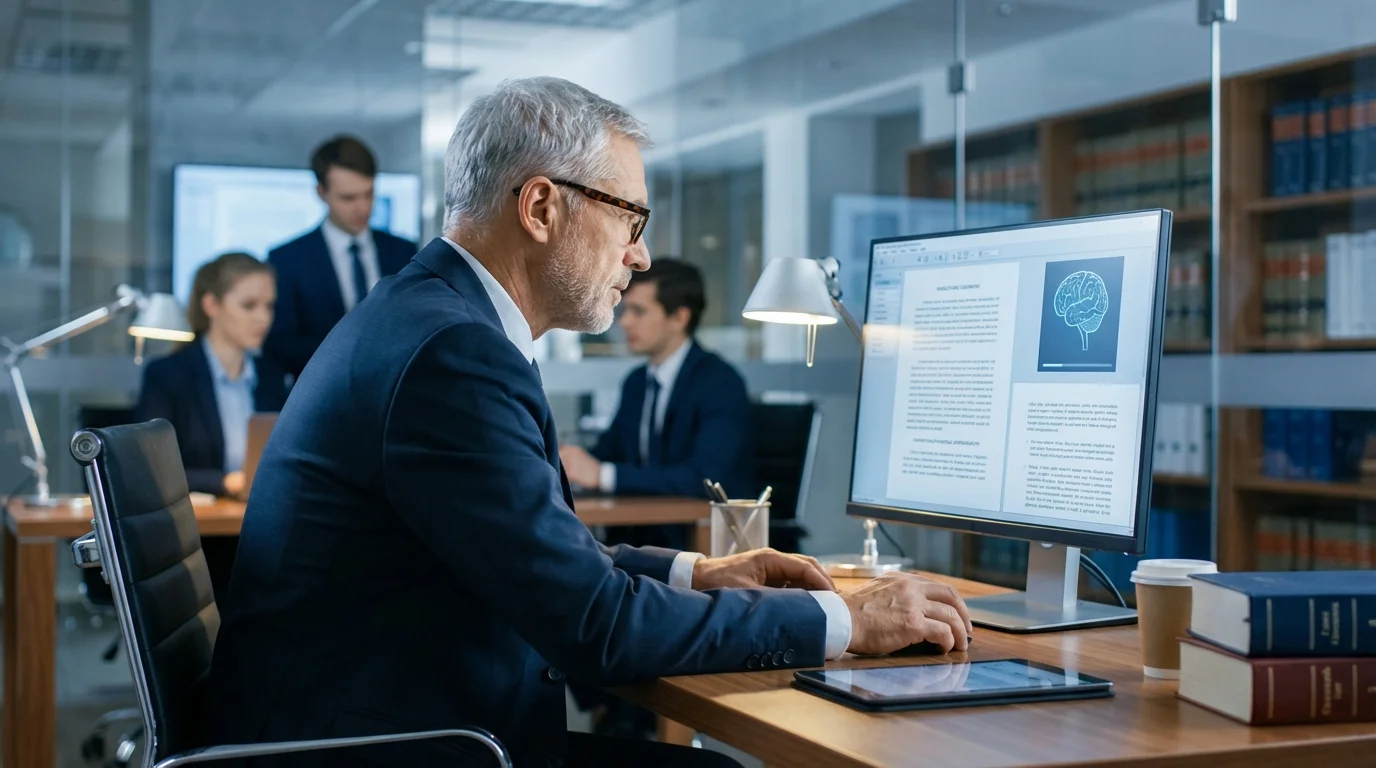 A focused man in a suit and glasses works at a computer in a modern, open-plan office with colleagues and bookshelves in the
