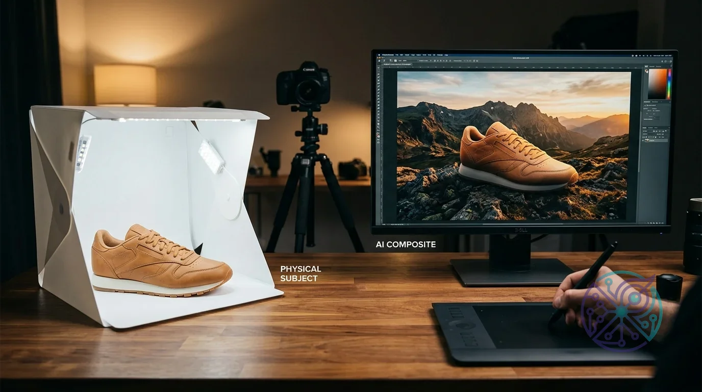 Demonstrating product photography workflow, a physical shoe in a light box is contrasted with its digital composite on a