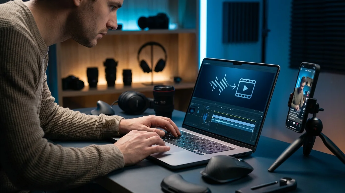 A man focused on video editing on a laptop while being filmed by a smartphone on a tripod.