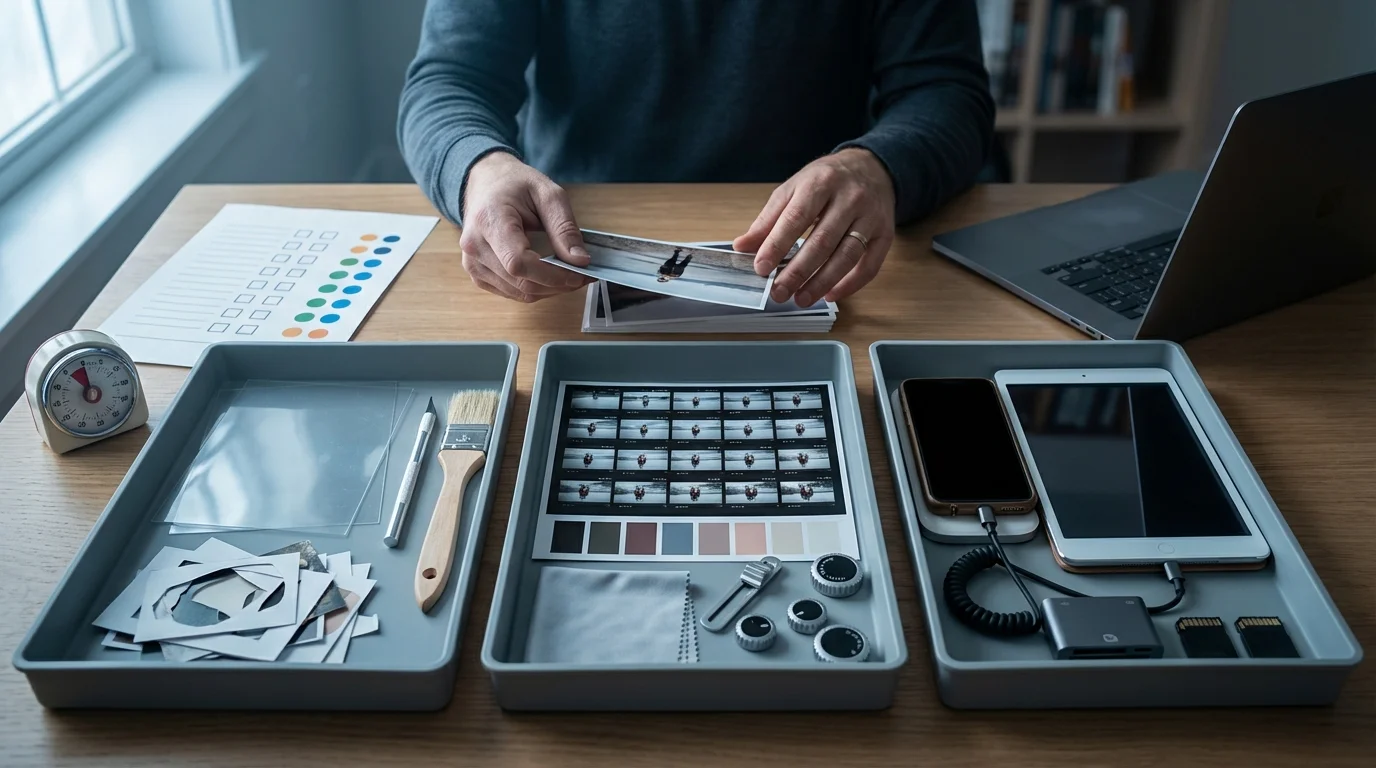 A person reviews printed photographs and a contact sheet, meticulously organizing digital and analog photography tools...