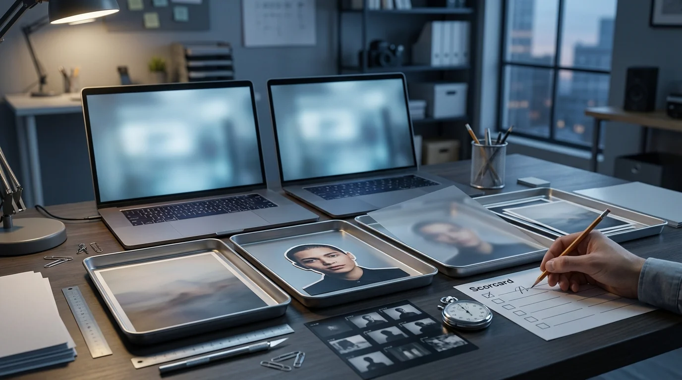A hand fills out a photo selection scorecard amidst laptops and prints in trays, detailing a structured process for...