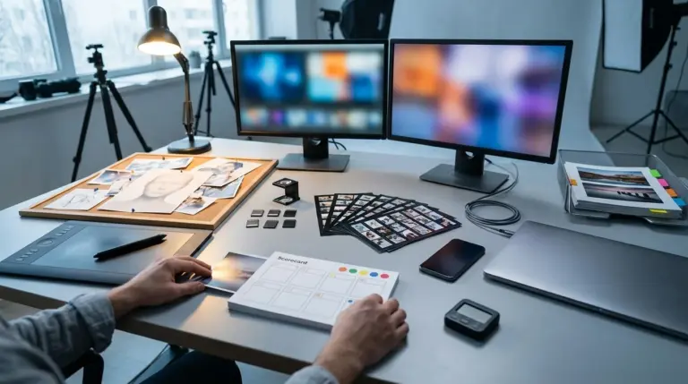 A person's hands review printed photos and a 'Scorecard' on a tidy creative workspace, featuring dual monitors, a...