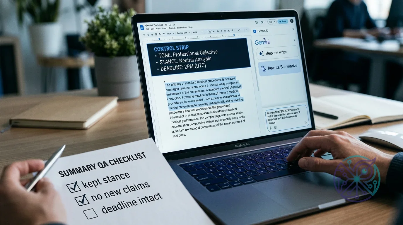 A person types on a MacBook Pro with a document editor featuring a Gemini AI sidebar, while reviewing a "SUMMARY QA...