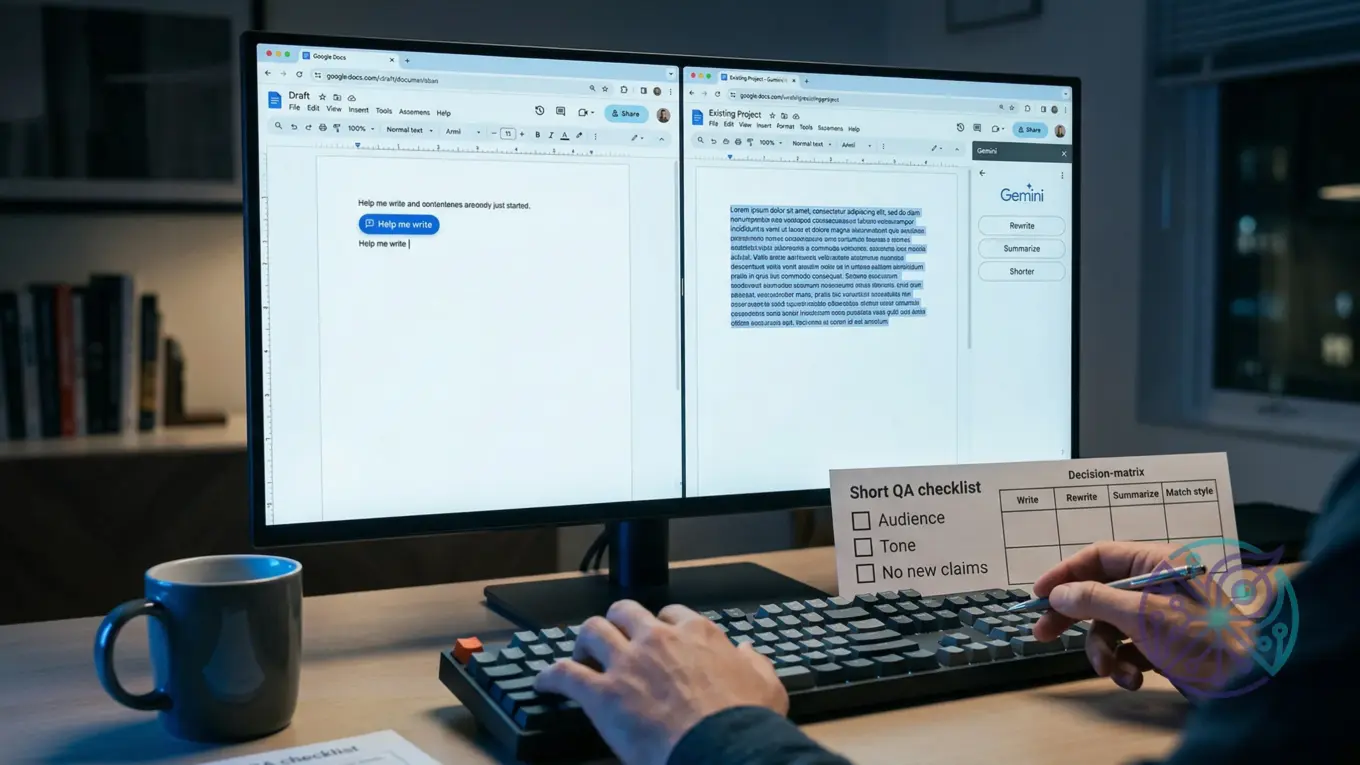 A person uses Google Docs with a split-screen AI assistant (Gemini) to rewrite text while referencing a physical QA...