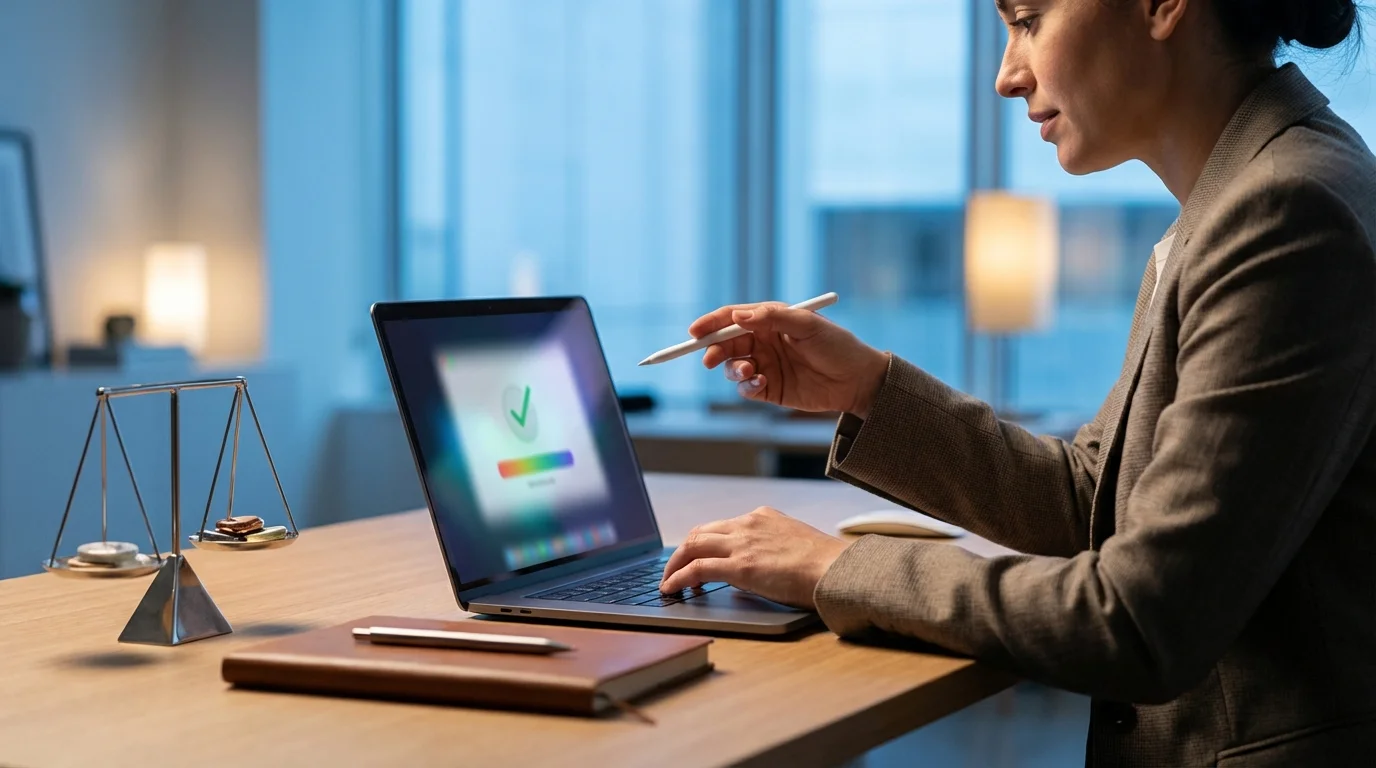 A woman works on a laptop with a stylus, while a miniature scale of justice rests on her desk.