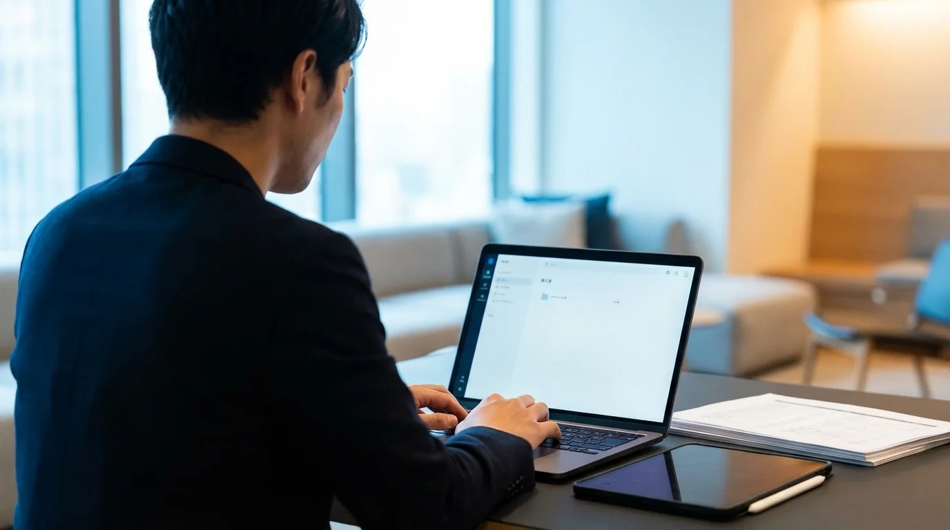 A man in a suit works on a laptop at a desk in a modern office environment.