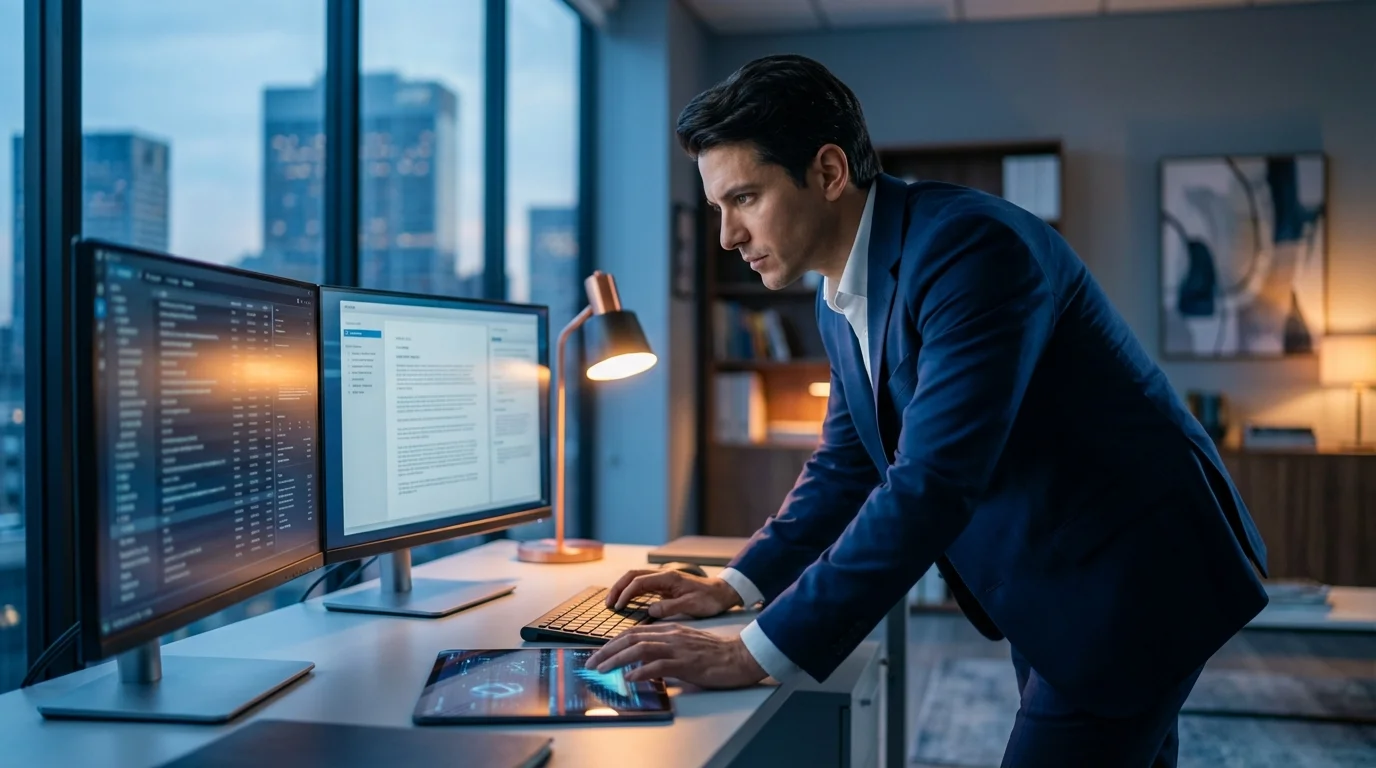 A professional man in a suit works intently on multiple computer screens and a tablet in a modern office with city views at d