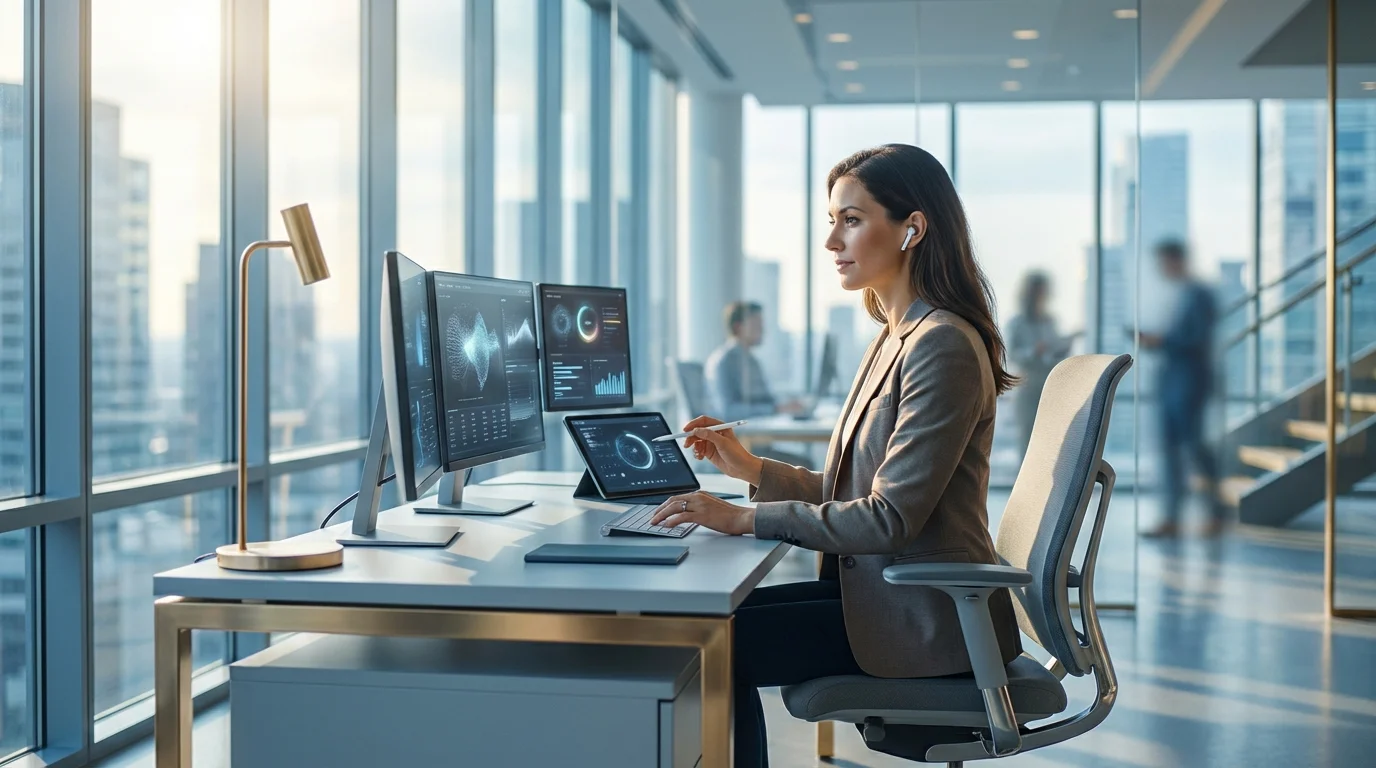 A focused woman works at a modern office desk with dual monitors and a tablet overlooking a city.