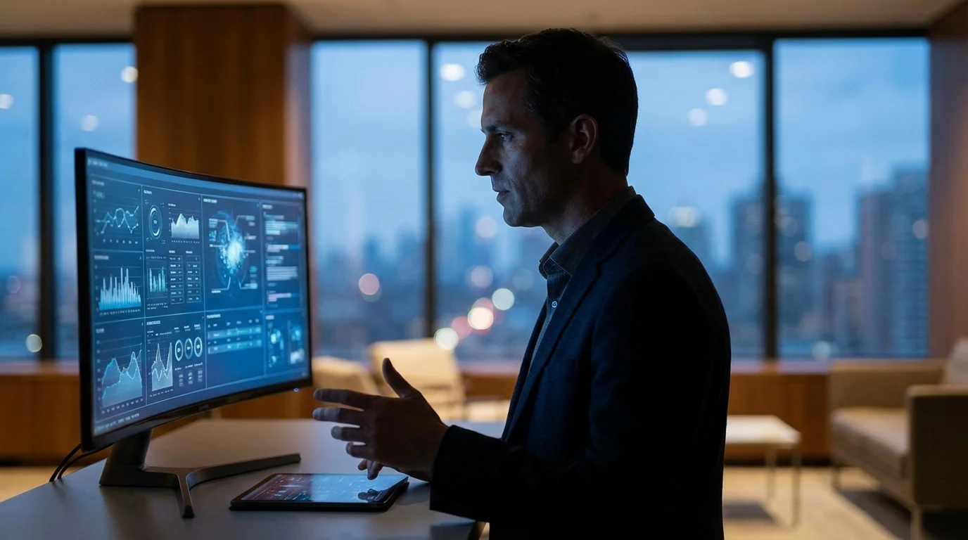 A man in a suit looks intently at a curved monitor displaying data visualizations in a modern office.