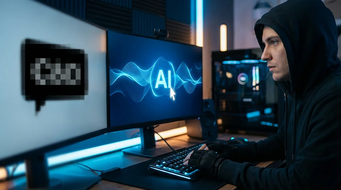 A person in a black hoodie and gloves intently types on a keyboard in front of two computer monitors, one displaying 'AI' wit