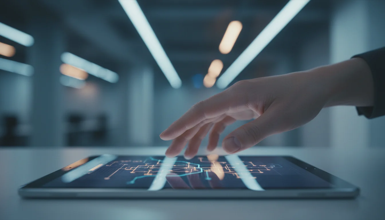 A hand interacts with a tablet displaying a glowing circuit board graphic in a modern, blurred office setting.