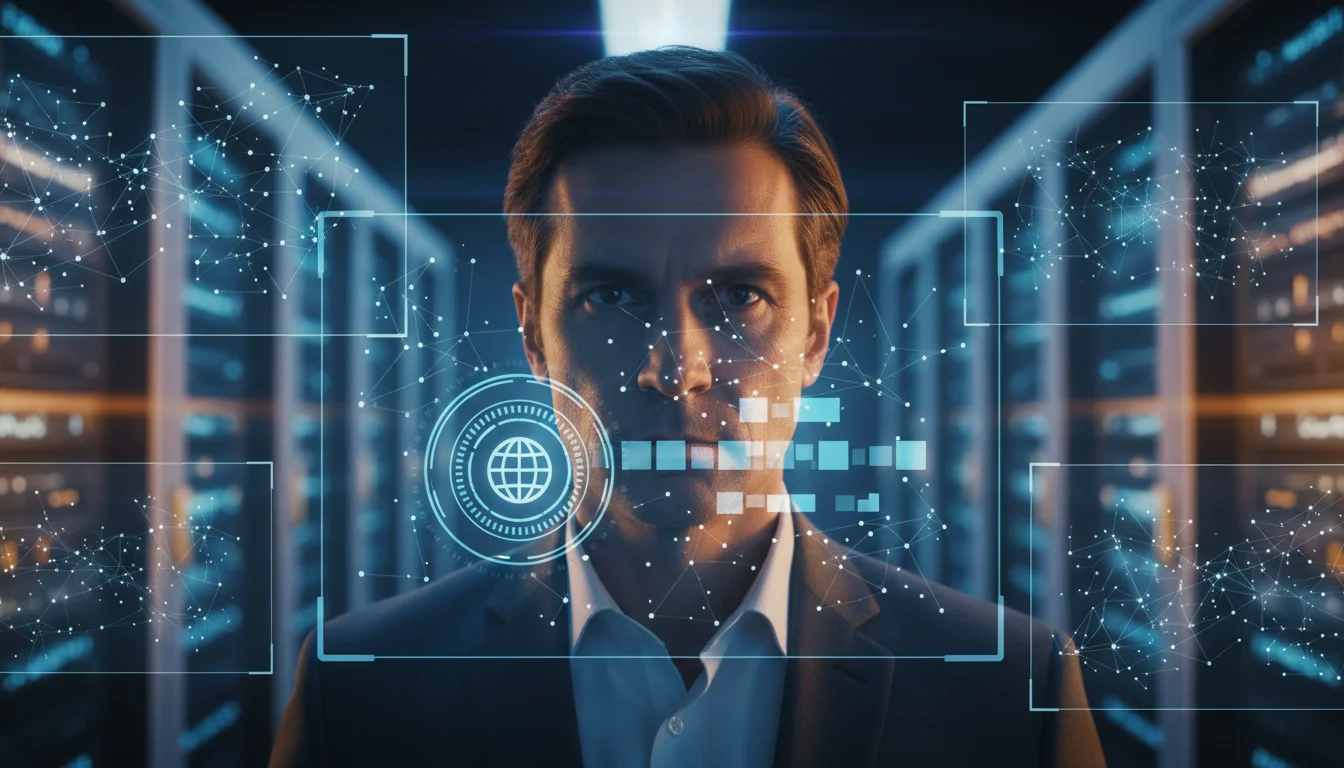 A man in a suit looks directly at the camera through a futuristic digital interface in a server room.