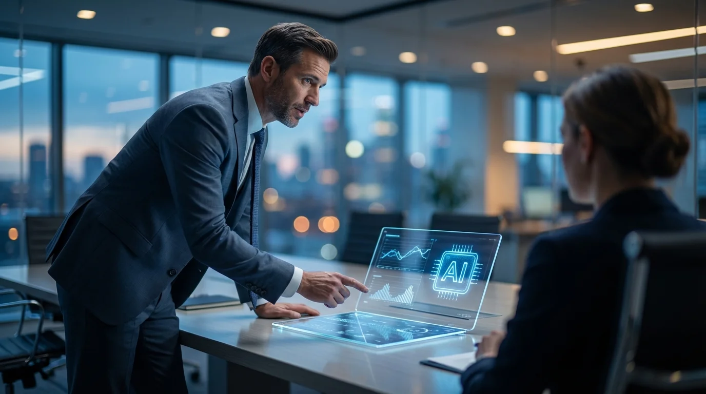 A businessman points at a futuristic AI holographic display during a meeting with a colleague in a modern office.