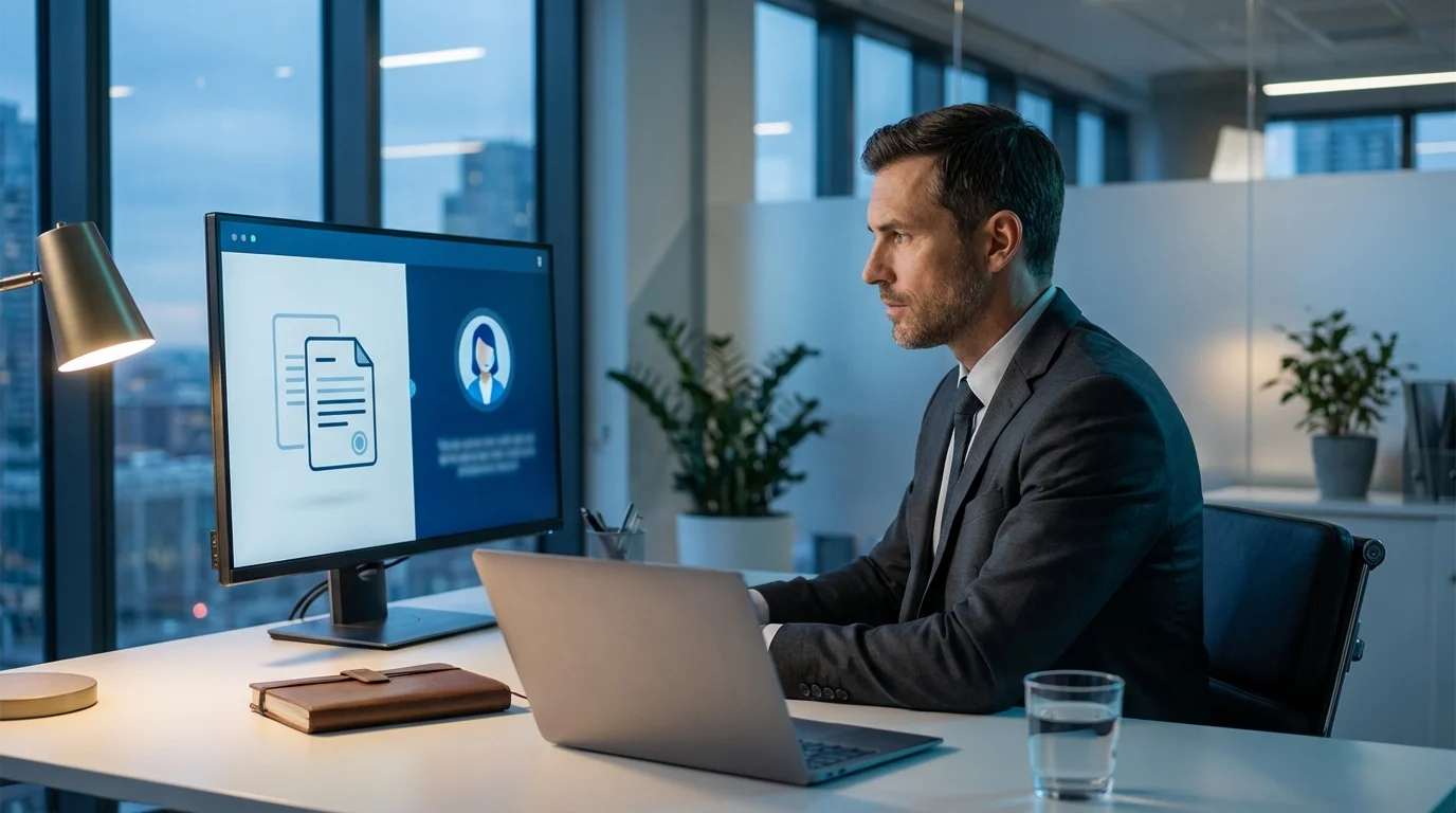 A focused man in a suit works at a modern office desk with a computer monitor and laptop.
