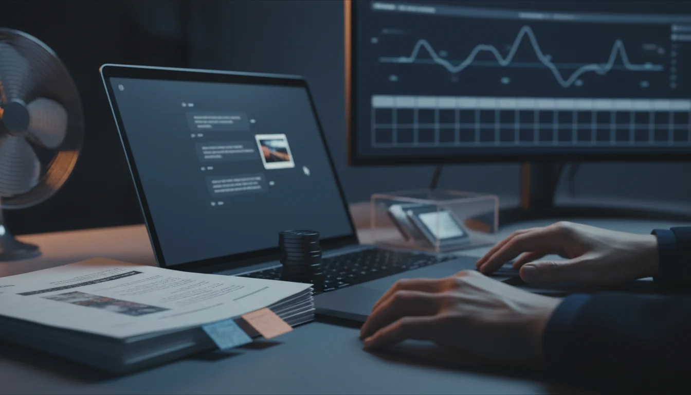 A person works on a laptop at a dimly lit desk with a secondary monitor displaying data analytics.