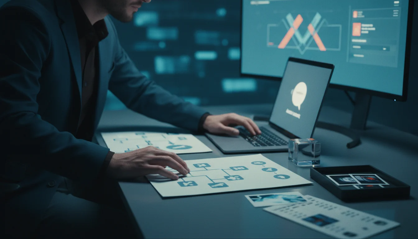 A man in a suit is intently working on a laptop and reviewing documents at a desk in a modern, dimly lit office.