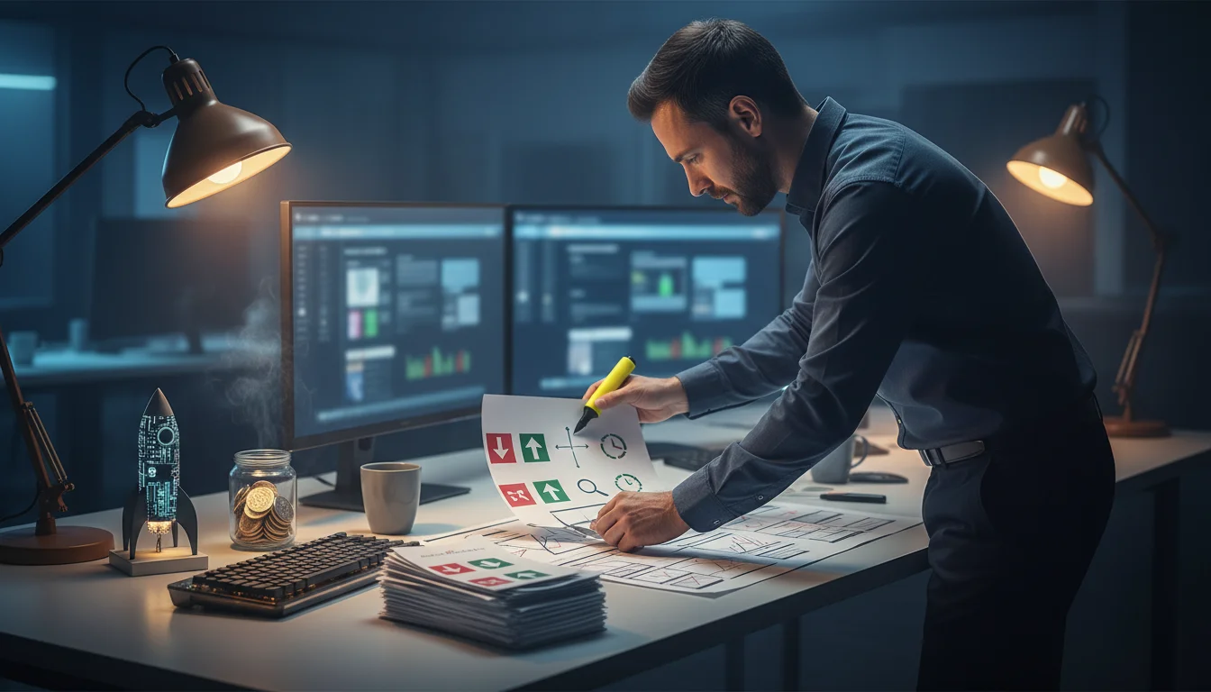 A focused man designs UI/UX wireframes at a lamp-lit desk with monitors displaying data in a modern office.