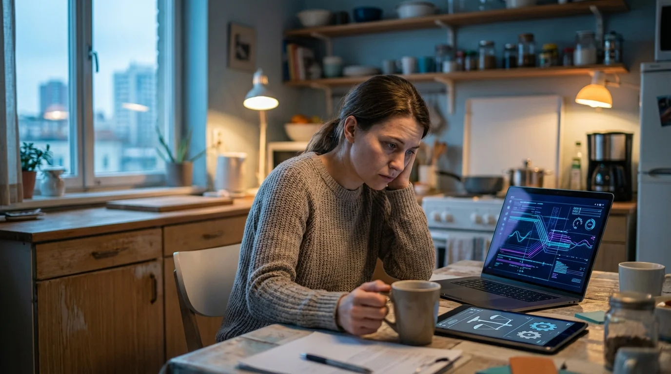 A tired woman works on a laptop and tablet displaying data visualizations in a dimly lit home kitchen.