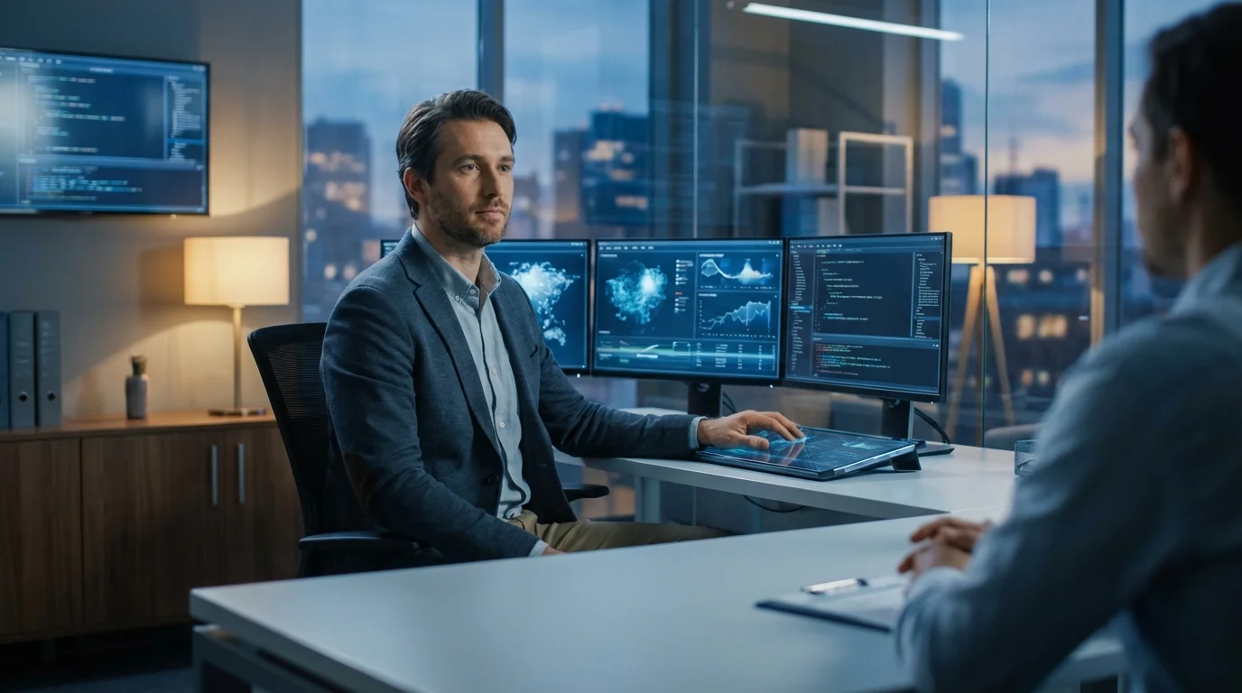 A professional man in a modern office with multiple monitors interacts with a tablet while facing another person.