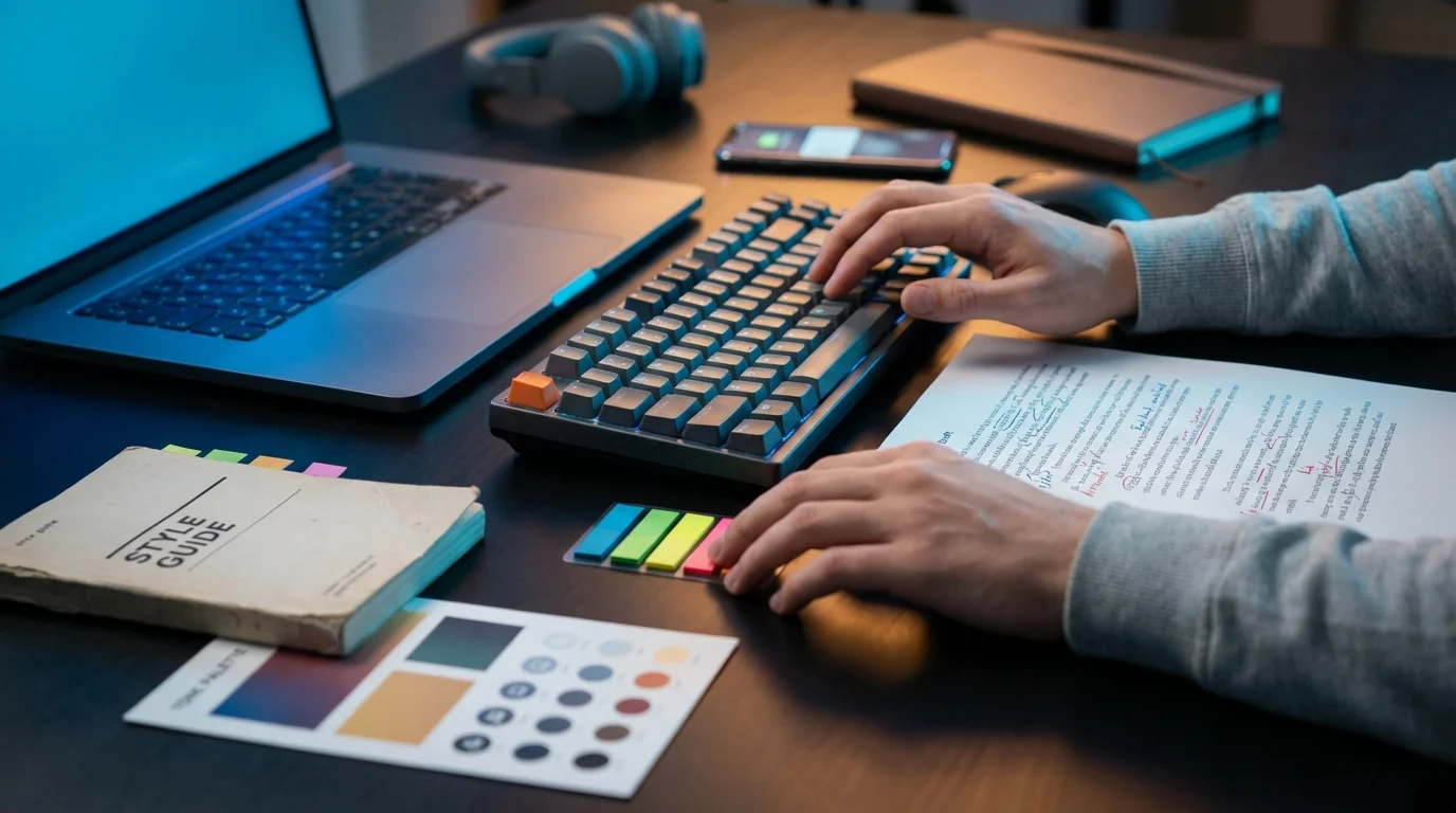 A person is working at a desk with a laptop, mechanical keyboard, and various documents and accessories.