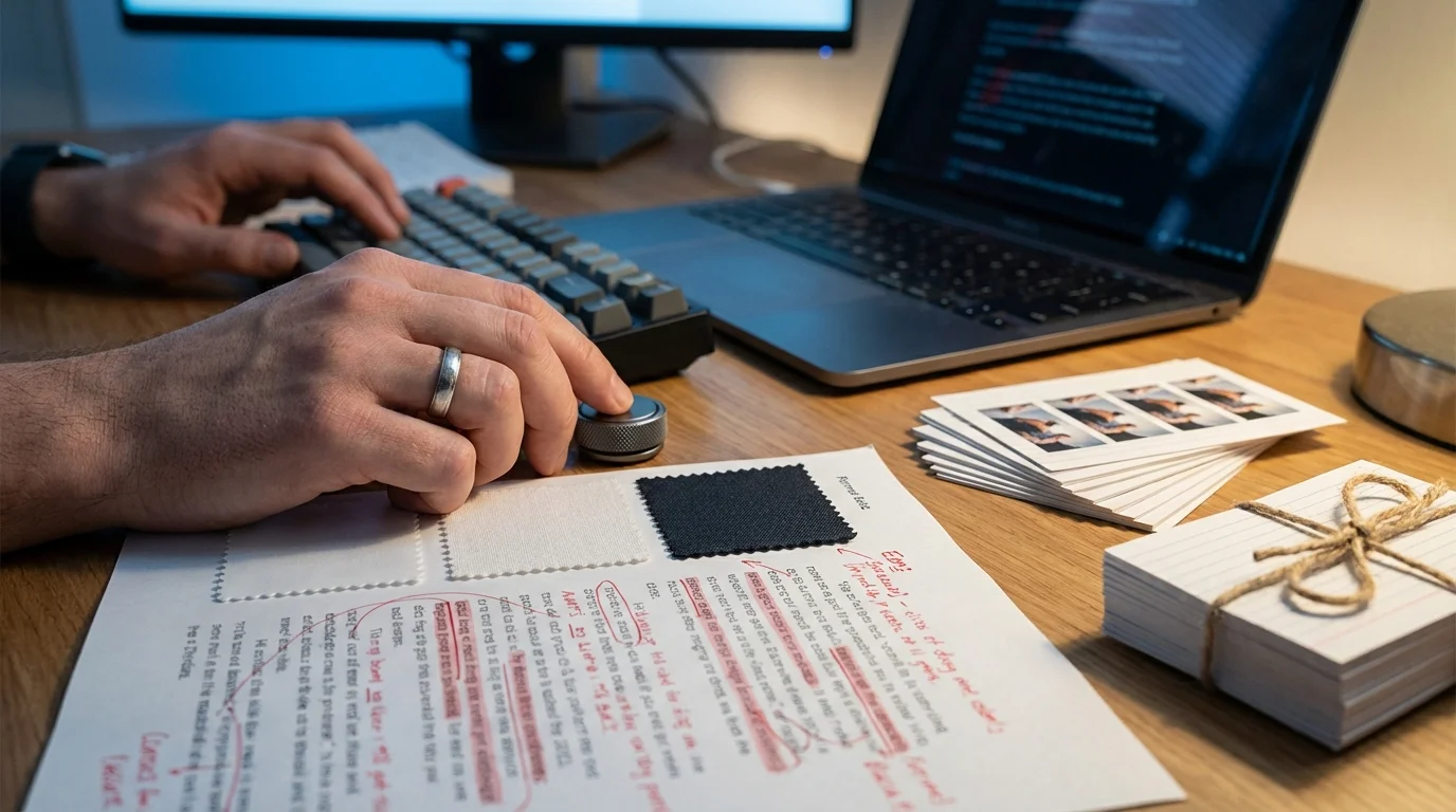 A person reviews a document with red edits, using a keyboard and a desk control knob, with a laptop in the background.