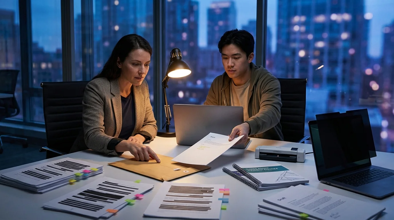 Two professionals work diligently late at night in an office with a city skyline visible through the window.