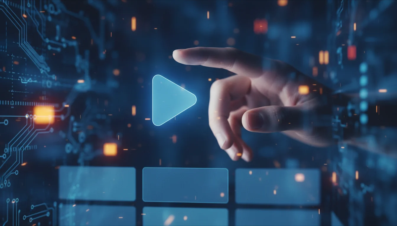 A human hand hovers over a glowing blue play button on a futuristic, circuit board-themed digital interface.