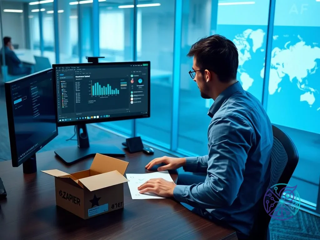 A man works on a dual-monitor setup displaying data visualizations, with an open Zapier branded box on his desk...