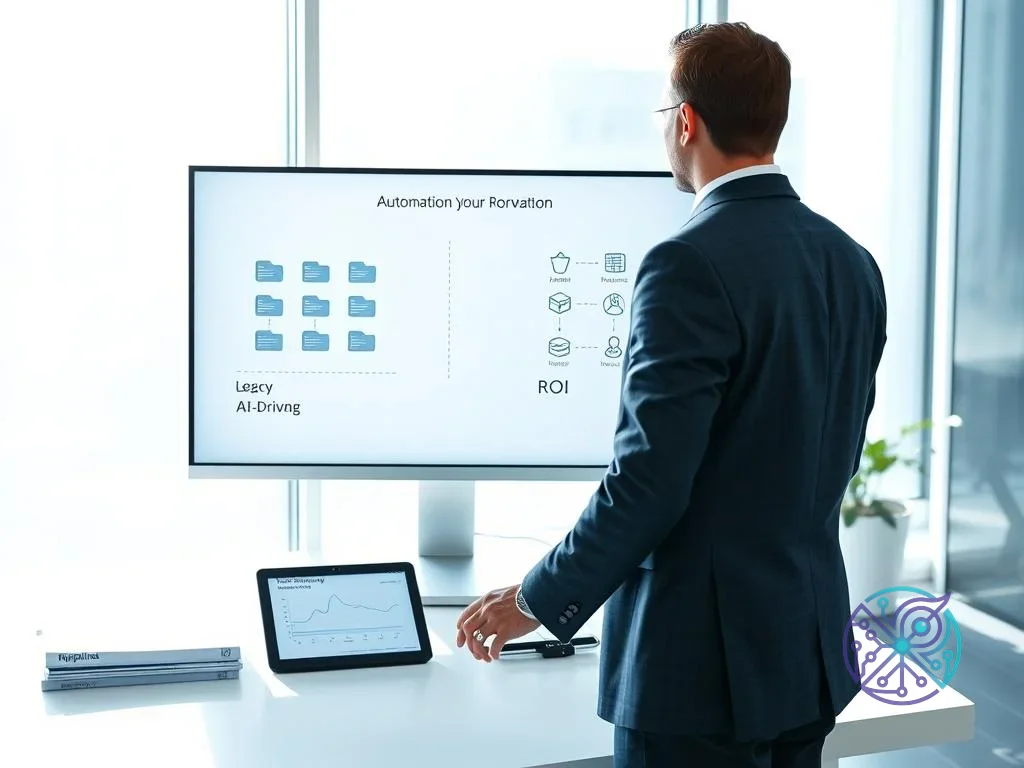 Man in a dark suit views a large monitor displaying an "Automation your Forvation" business strategy presentation...